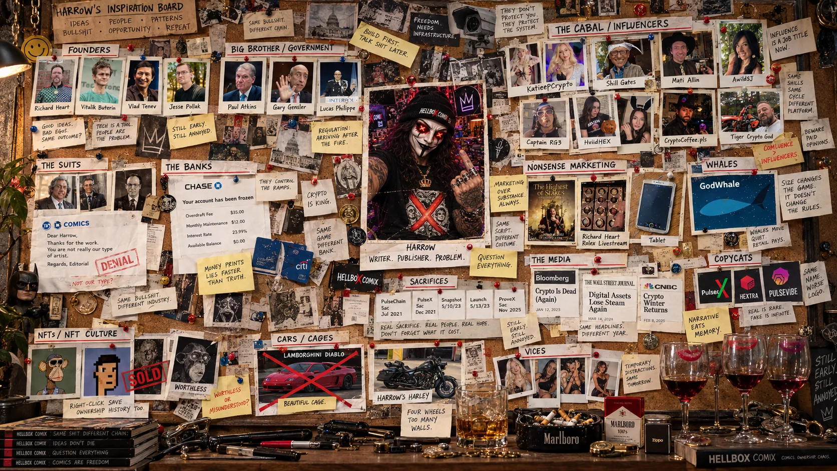 Harrow's Inspiration Board -- a corkboard of photos, notes and red string tying together founders, regulators, influencers, sacrifices, vices and everything else Harrow won't stop thinking about