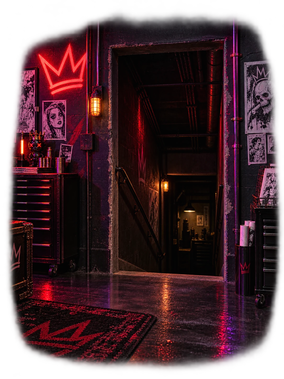 A concrete stairwell going down, lit by a red neon crown